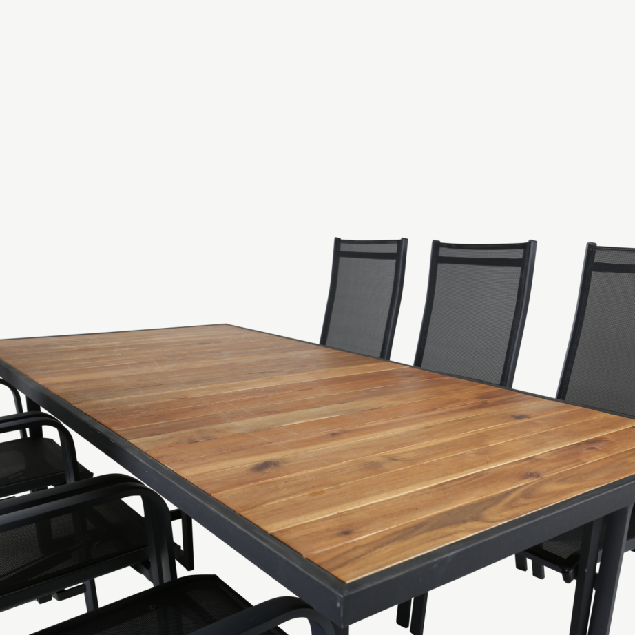 Ristkülikukujuline aiamööbli komplekt Khung – akaatsiapuidust laud ja mustad reguleeritavad Copacabana aiatoolid, GR21489 – 4