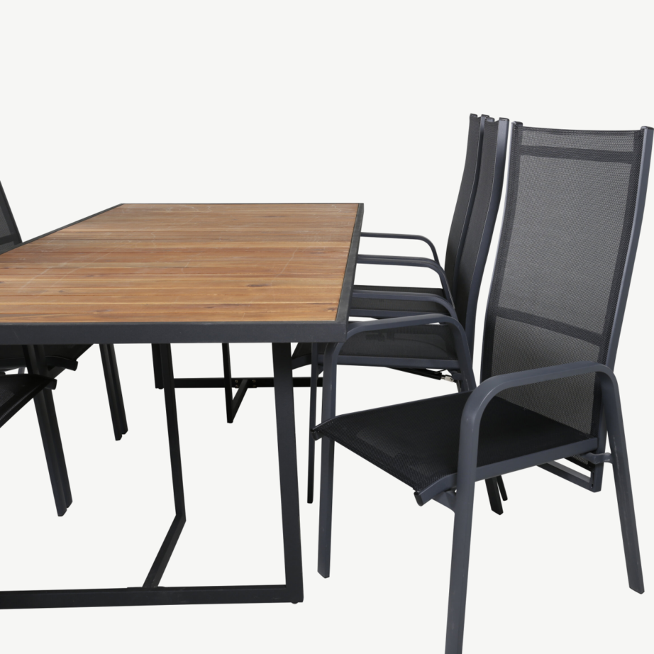 Ristkülikukujuline aiamööbli komplekt Khung – akaatsiapuidust laud ja mustad reguleeritavad Copacabana aiatoolid, GR21489 – 5
