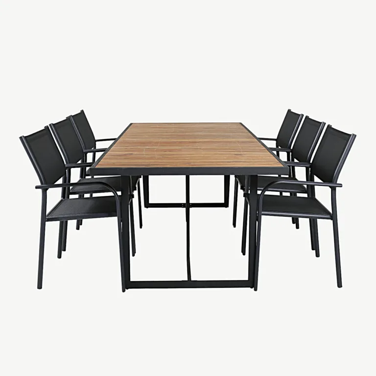 Akaatsiapuidust ja musta terasega aiakomplekt Khung – laud 200×100 cm ja virnastatavad Santorini toolid - GR21490