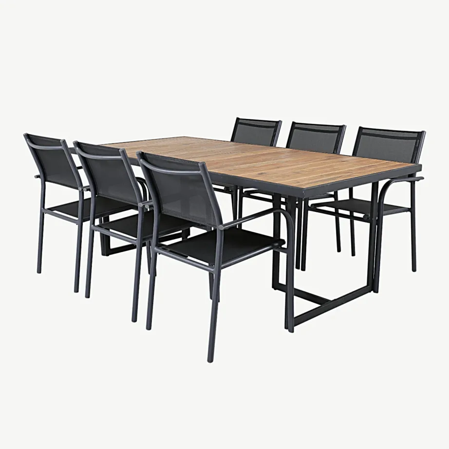 Akaatsiapuidust ja musta terasega aiakomplekt Khung – laud 200×100 cm ja virnastatavad Santorini toolid, GR21490