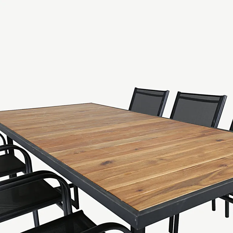Akaatsiapuidust ja musta terasega aiakomplekt Khung – laud 200×100 cm ja virnastatavad Santorini toolid - GR21490