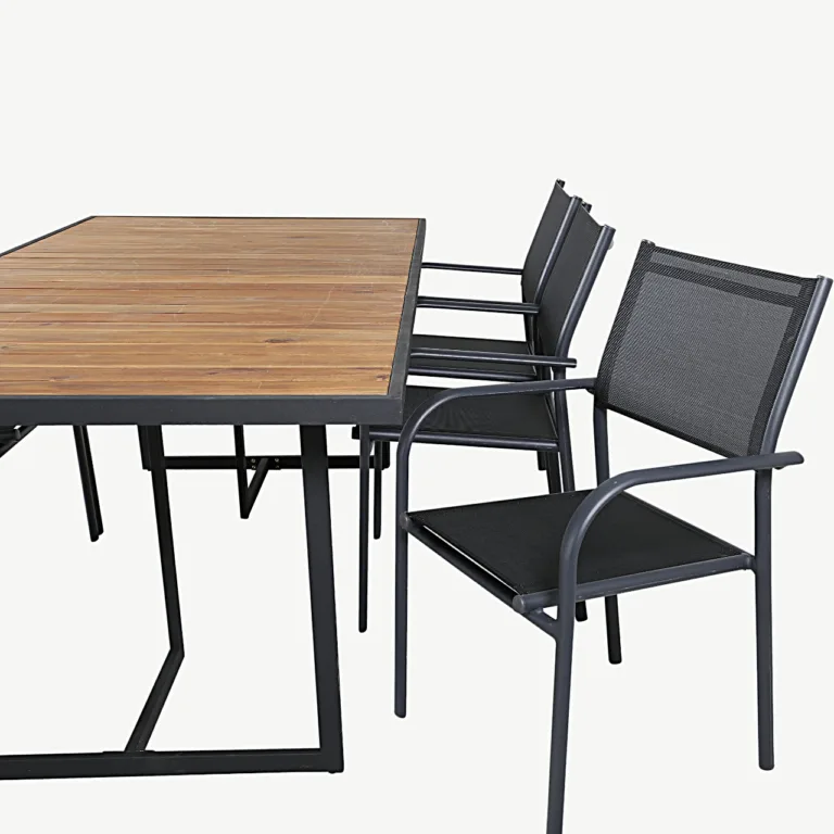 Akaatsiapuidust ja musta terasega aiakomplekt Khung – laud 200×100 cm ja virnastatavad Santorini toolid - GR21490