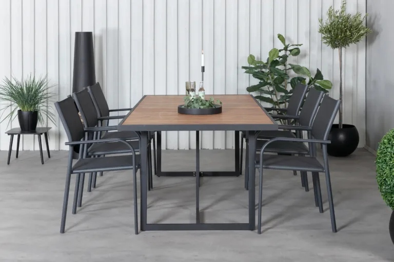 Akaatsiapuidust ja musta terasega aiakomplekt Khung – laud 200×100 cm ja virnastatavad Santorini toolid - GR21490