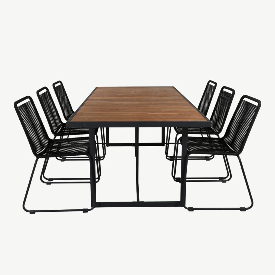 Khung ristkülikukujuline söögilaud (akaatsiapuit, must terasraam) Lindos toolidega õuekomplekt, GR21491 – 2