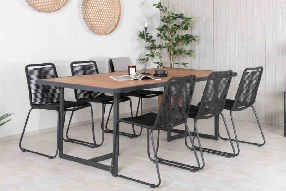 Khung ristkülikukujuline söögilaud (akaatsiapuit, must terasraam) Lindos toolidega õuekomplekt, GR21491 – 6