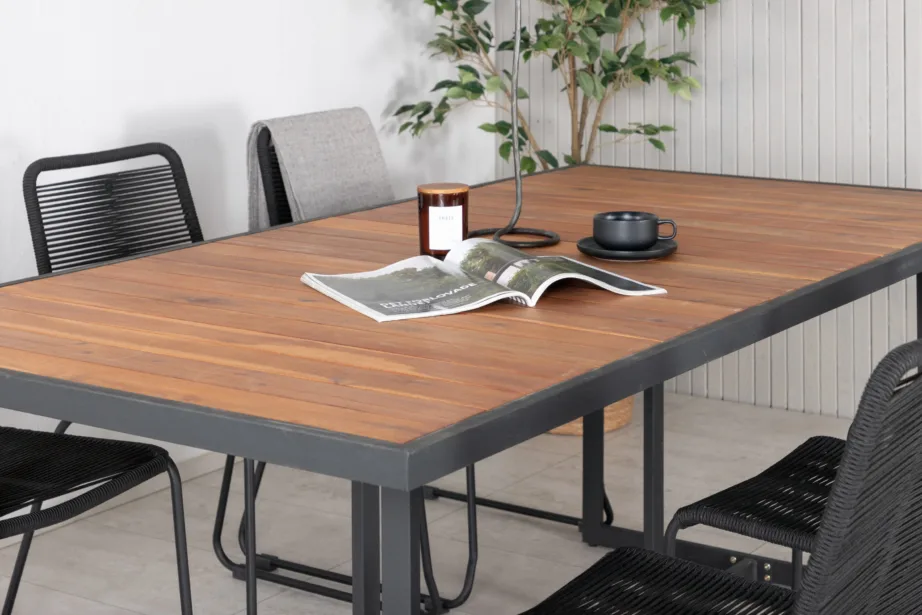 Khung ristkülikukujuline söögilaud (akaatsiapuit, must terasraam) Lindos toolidega õuekomplekt, GR21491 – 8