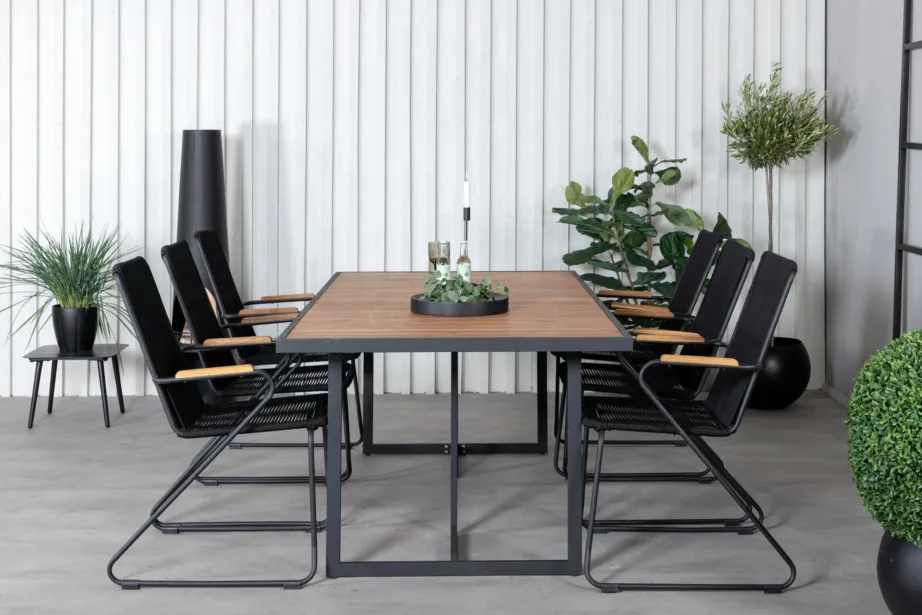 Õuesöögikomplekt Khung – akaatsiapuit ja must teras, 6 tooliga, GR21492 – 5