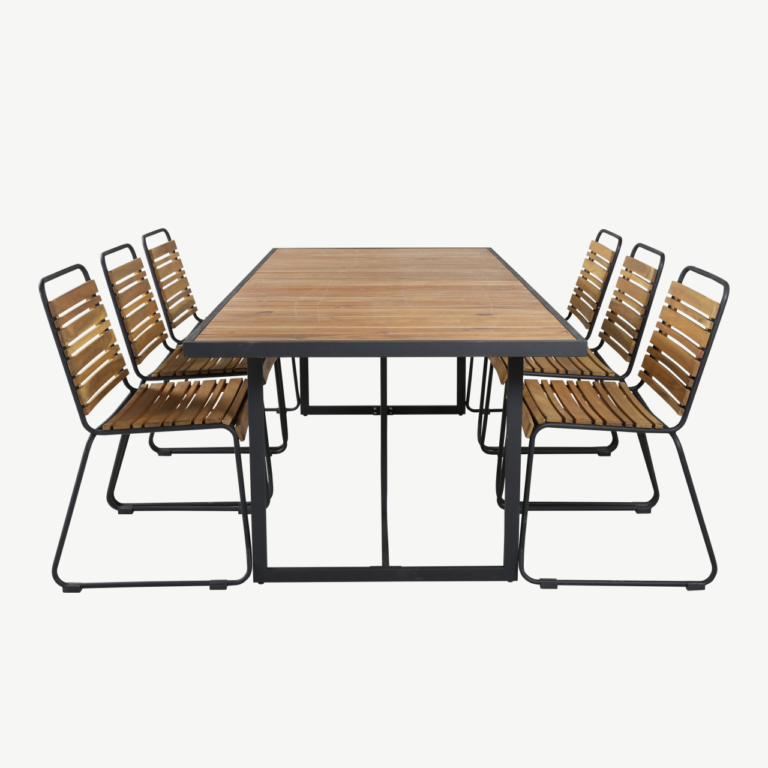 Khung ristkülikukujuline aiamööbli söögigrupi komplekt (acacia, must teras, 6 tooli) - GR21494