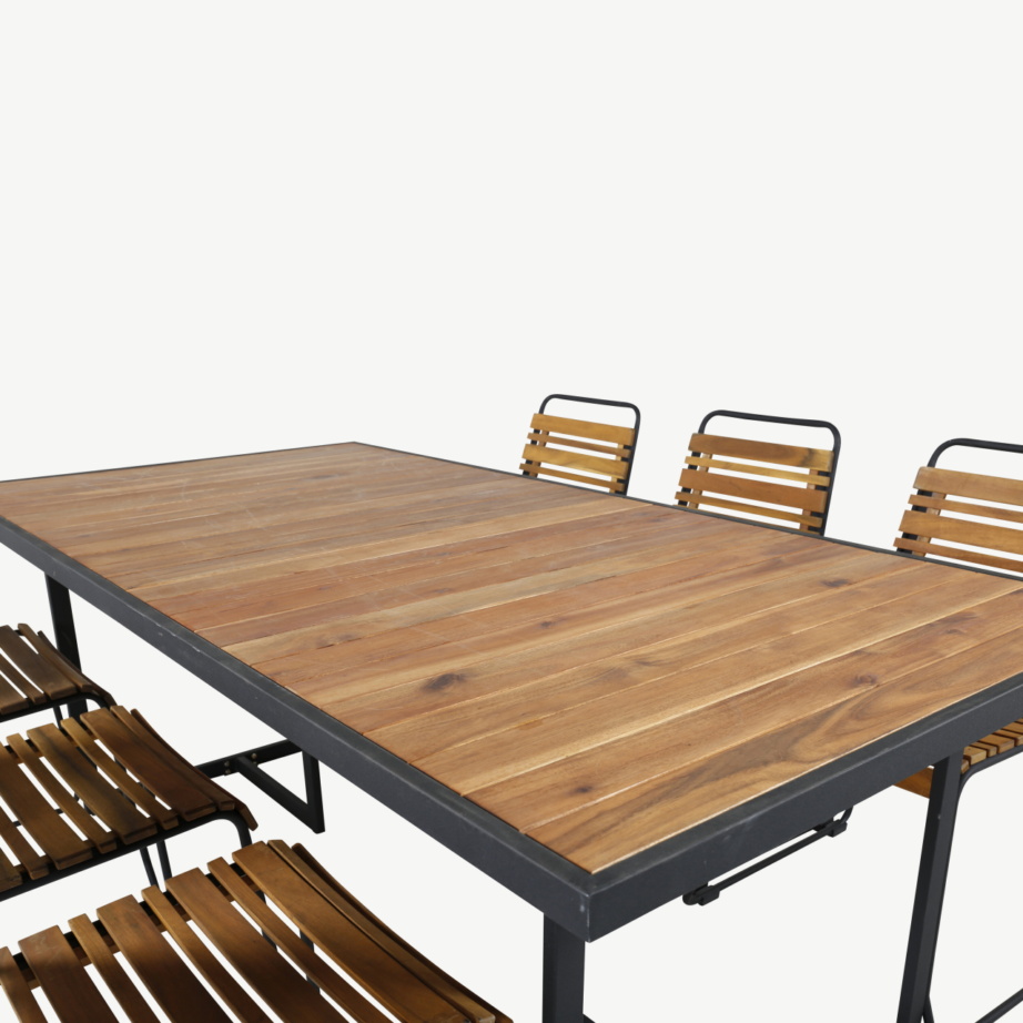 Khung ristkülikukujuline aiamööbli söögigrupi komplekt (acacia, must teras, 6 tooli), GR21494 – 3