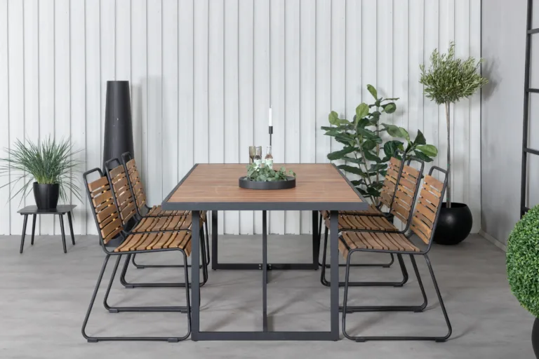 Khung ristkülikukujuline aiamööbli söögigrupi komplekt (acacia, must teras, 6 tooli) - GR21494