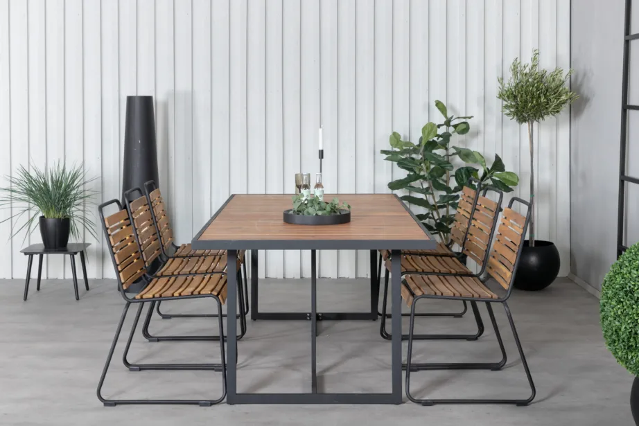 Khung ristkülikukujuline aiamööbli söögigrupi komplekt (acacia, must teras, 6 tooli), GR21494 – 5