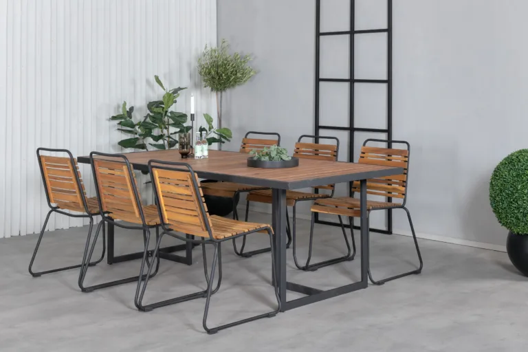 Khung ristkülikukujuline aiamööbli söögigrupi komplekt (acacia, must teras, 6 tooli) - GR21494