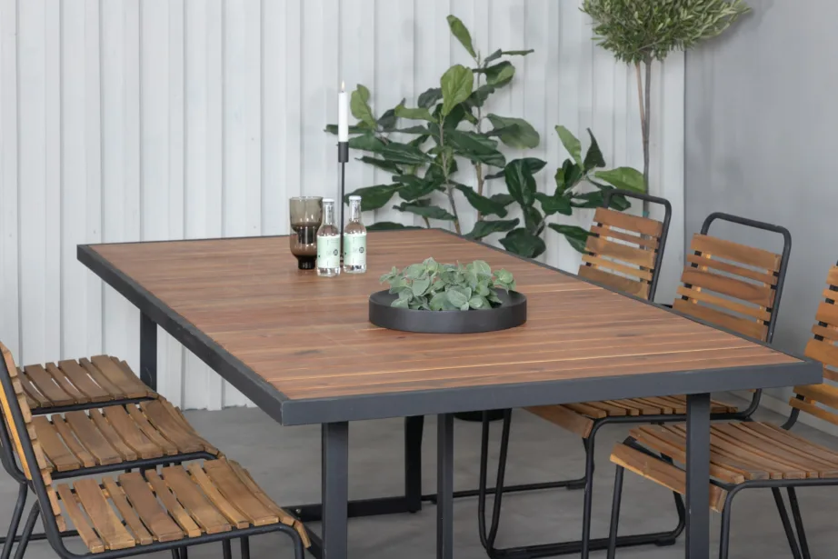 Khung ristkülikukujuline aiamööbli söögigrupi komplekt (acacia, must teras, 6 tooli), GR21494 – 7