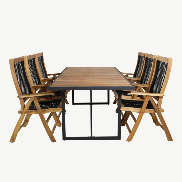 Akaatsiapuidust ja musta terasraamiga aiamööbli komplekt Khung (ristkülikukujuline laud 200x100 cm, 6 musta polüesterköiega tooli) - GR21499
