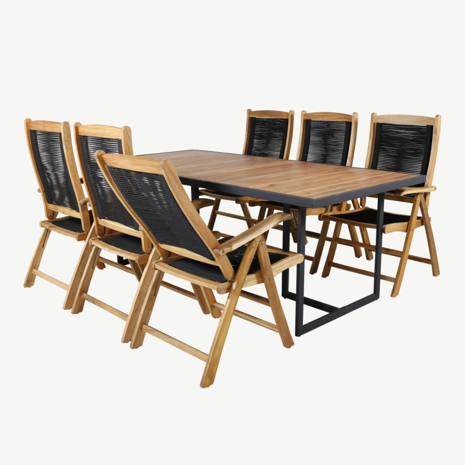 Akaatsiapuidust ja musta terasraamiga aiamööbli komplekt Khung (ristkülikukujuline laud 200×100 cm, 6 musta polüesterköiega tooli), GR21499 – 3