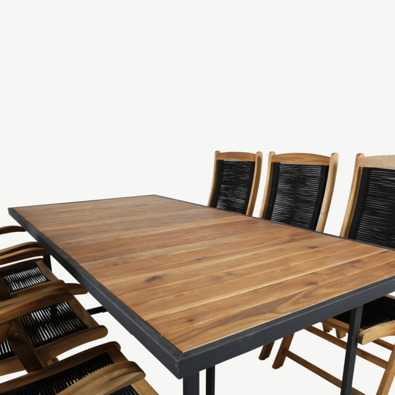 Akaatsiapuidust ja musta terasraamiga aiamööbli komplekt Khung (ristkülikukujuline laud 200x100 cm, 6 musta polüesterköiega tooli) - GR21499
