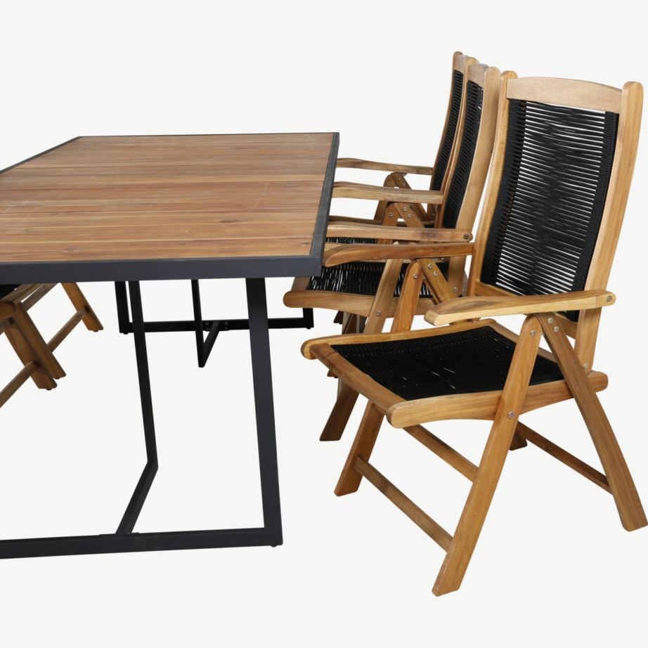 Akaatsiapuidust ja musta terasraamiga aiamööbli komplekt Khung (ristkülikukujuline laud 200×100 cm, 6 musta polüesterköiega tooli), GR21499 – 5