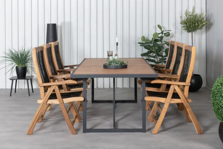 Akaatsiapuidust ja musta terasraamiga aiamööbli komplekt Khung (ristkülikukujuline laud 200x100 cm, 6 musta polüesterköiega tooli) - GR21499
