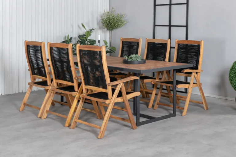 Akaatsiapuidust ja musta terasraamiga aiamööbli komplekt Khung (ristkülikukujuline laud 200x100 cm, 6 musta polüesterköiega tooli) - GR21499