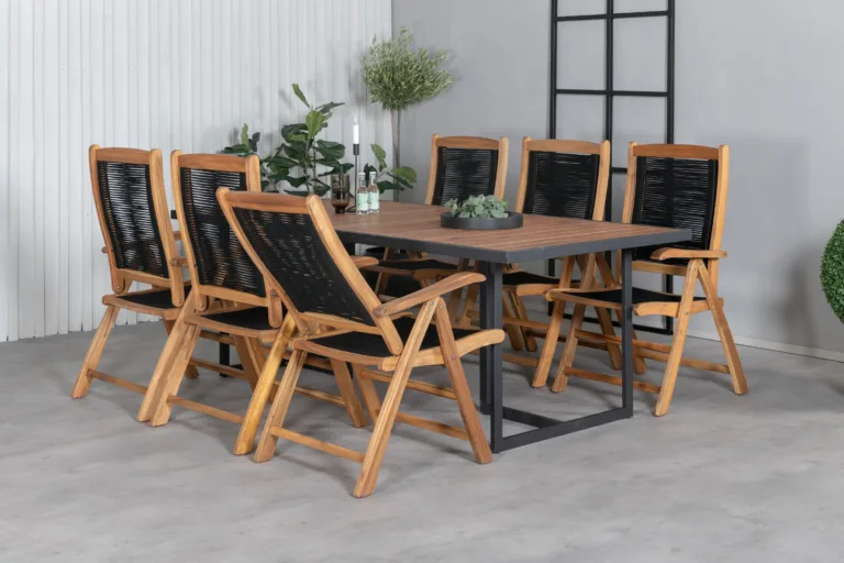 Akaatsiapuidust ja musta terasraamiga aiamööbli komplekt Khung (ristkülikukujuline laud 200x100 cm, 6 musta polüesterköiega tooli) - GR21499