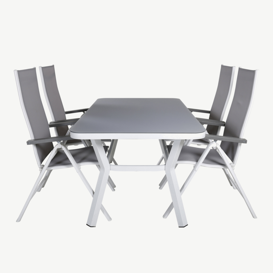 Virya ristkülikukujuline valge aiamööblikomplekt musta klaaslauaga, 4 reguleeritavat Albany tooli, GR21503 – 2