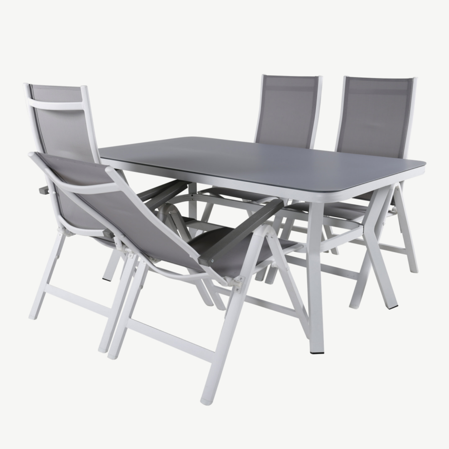 Virya ristkülikukujuline valge aiamööblikomplekt musta klaaslauaga, 4 reguleeritavat Albany tooli, GR21503 – 3