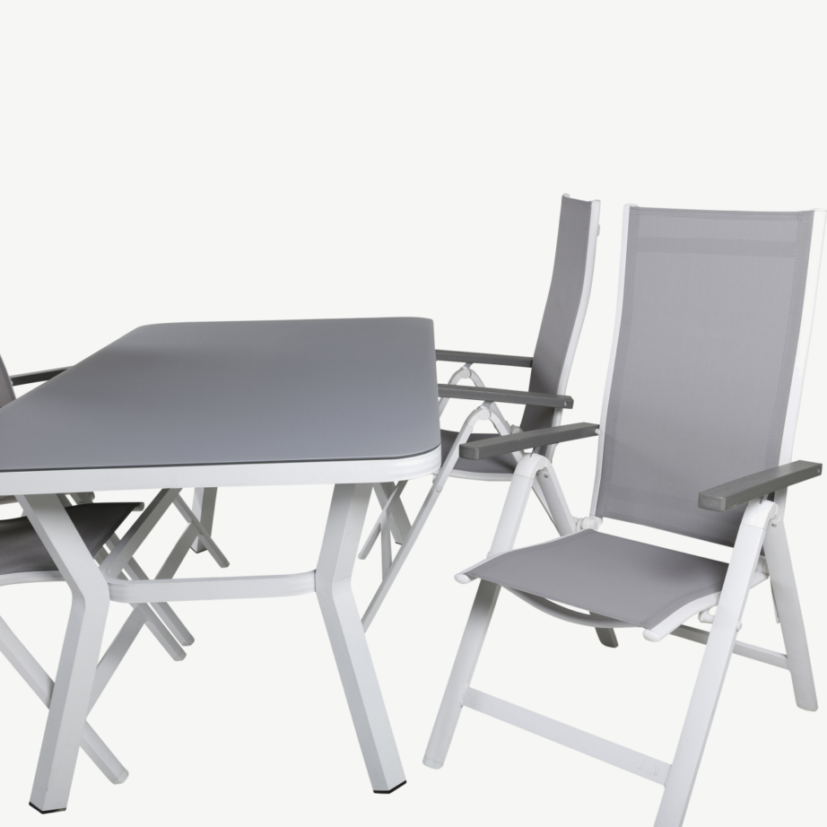 Virya ristkülikukujuline valge aiamööblikomplekt musta klaaslauaga, 4 reguleeritavat Albany tooli, GR21503 – 5