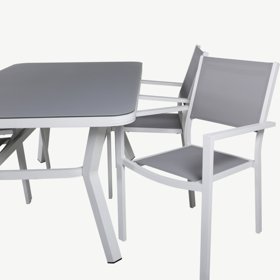 Ristkülikukujuline alumiiniumist aiamööbli komplekt Virya lauaga ja Copacabana toolidega (valge, hall klaas, 4 kohta), GR21504 – 4