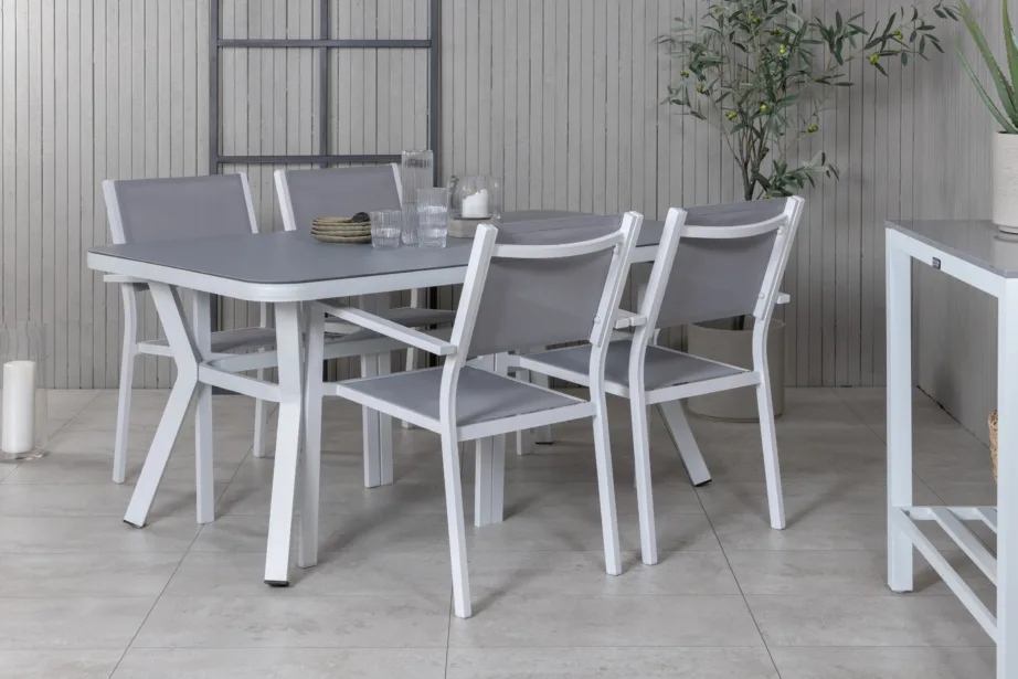 Ristkülikukujuline alumiiniumist aiamööbli komplekt Virya lauaga ja Copacabana toolidega (valge, hall klaas, 4 kohta), GR21504 – 6