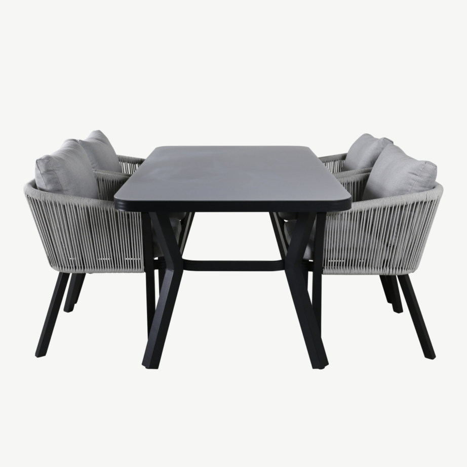 Virya ristkülikukujuline aiasöögikomplekt mustast alumiiniumist ja hallide köistoolipatjadega, GR21516 – 2