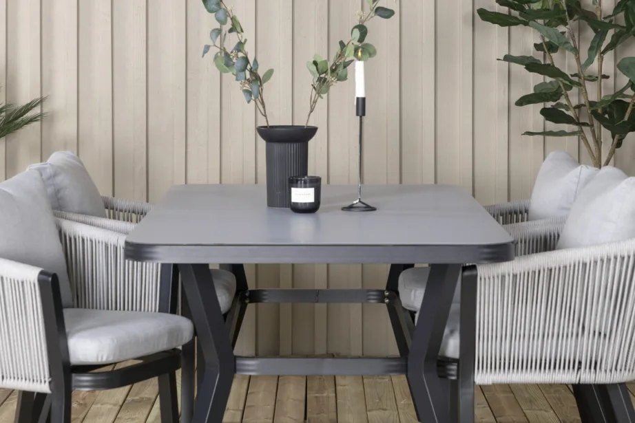 Virya ristkülikukujuline aiasöögikomplekt mustast alumiiniumist ja hallide köistoolipatjadega, GR21516 – 6