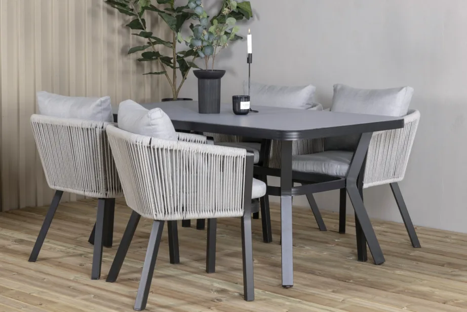 Virya ristkülikukujuline aiasöögikomplekt mustast alumiiniumist ja hallide köistoolipatjadega, GR21516 – 7