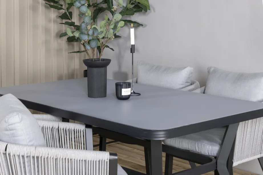 Virya ristkülikukujuline aiasöögikomplekt mustast alumiiniumist ja hallide köistoolipatjadega, GR21516 – 8