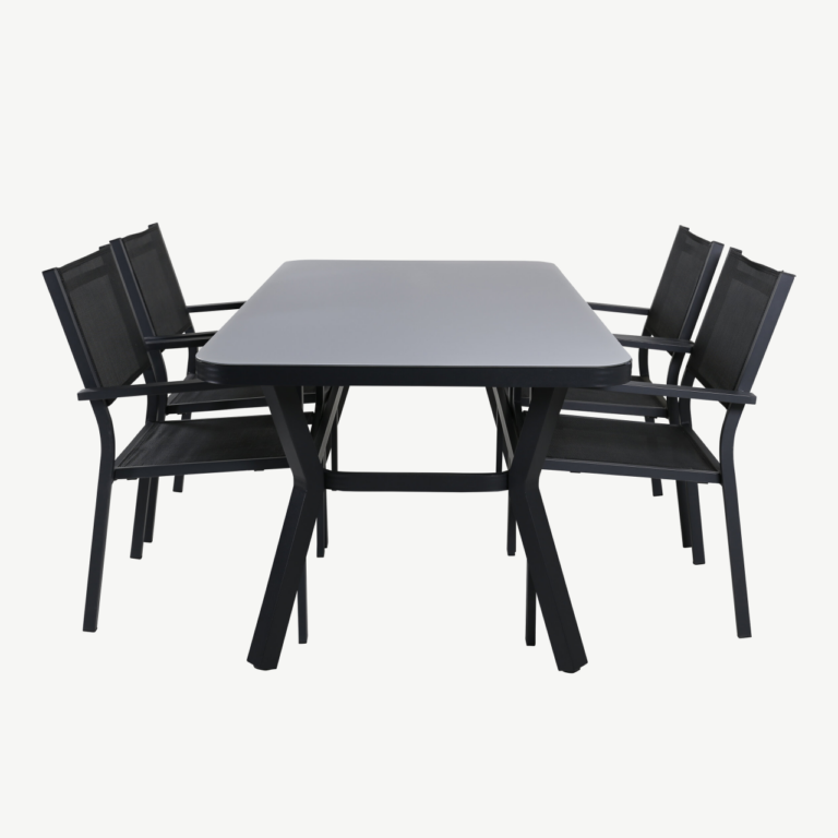 Ristkülikukujuline terrassi söögikomplekt Virya koos Copacabana virnastatavate toolidega (must alumiinium, matt klaas) - GR21518