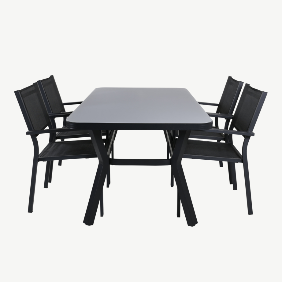 Ristkülikukujuline terrassi söögikomplekt Virya koos Copacabana virnastatavate toolidega (must alumiinium, matt klaas), GR21518 – 2