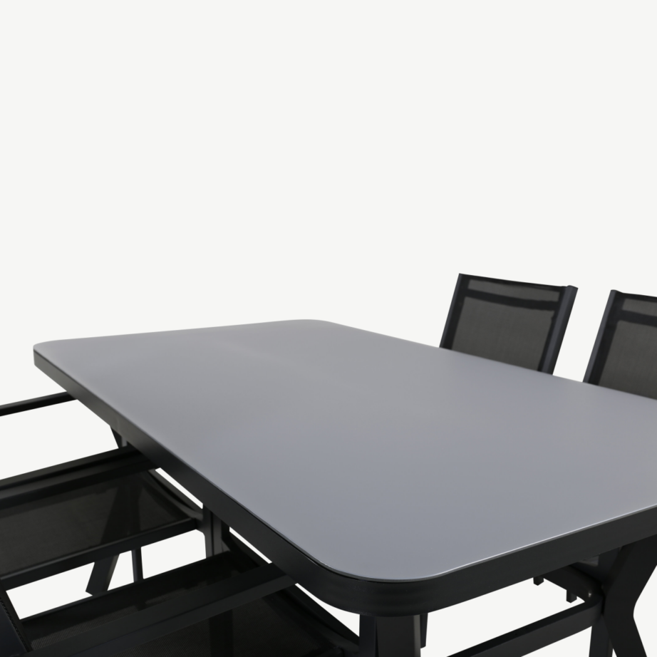 Ristkülikukujuline terrassi söögikomplekt Virya koos Copacabana virnastatavate toolidega (must alumiinium, matt klaas), GR21518 – 3