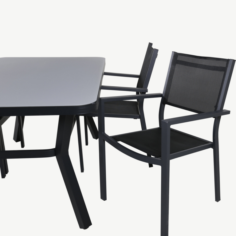 Ristkülikukujuline terrassi söögikomplekt Virya koos Copacabana virnastatavate toolidega (must alumiinium, matt klaas) - GR21518