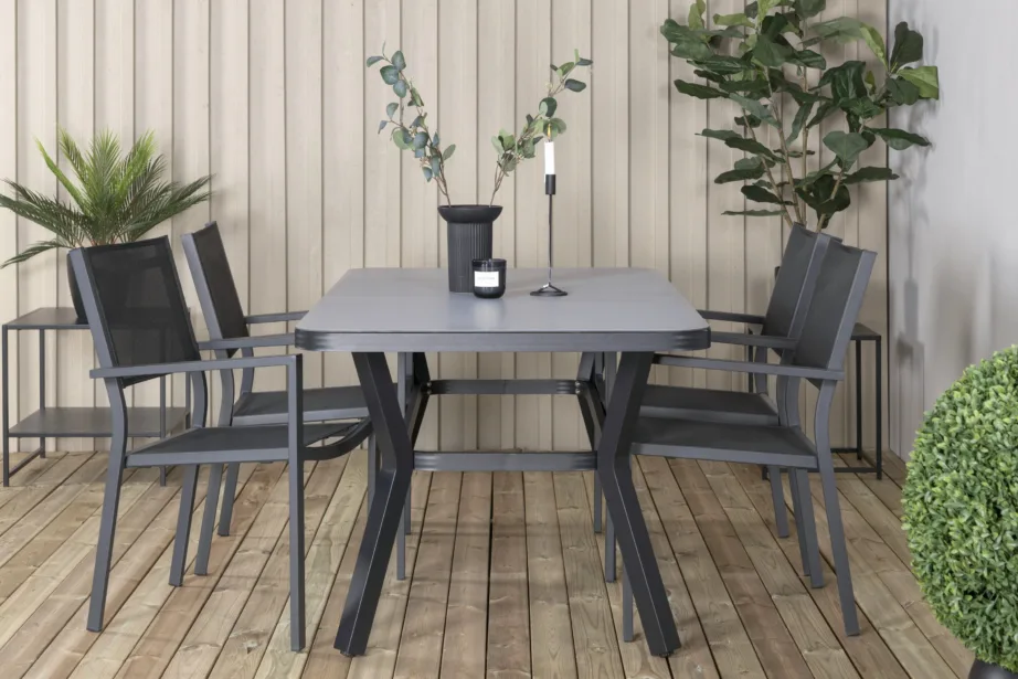 Ristkülikukujuline terrassi söögikomplekt Virya koos Copacabana virnastatavate toolidega (must alumiinium, matt klaas), GR21518 – 5