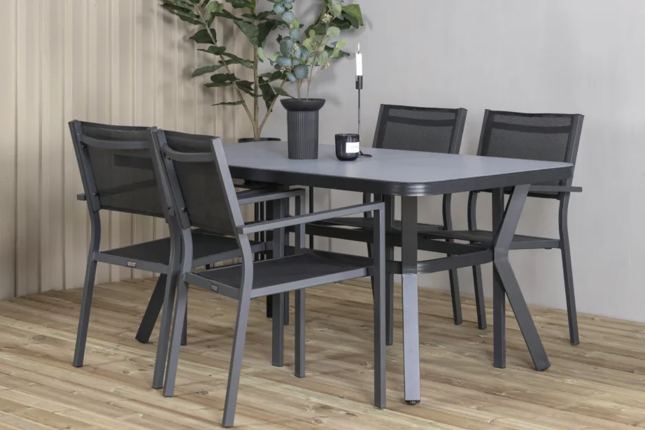 Ristkülikukujuline terrassi söögikomplekt Virya koos Copacabana virnastatavate toolidega (must alumiinium, matt klaas), GR21518 – 6