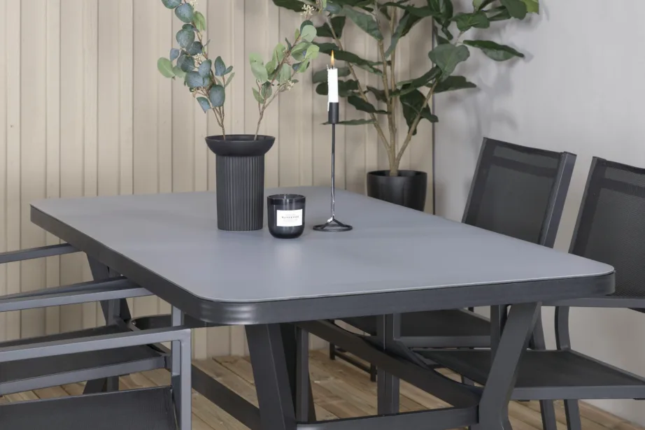 Ristkülikukujuline terrassi söögikomplekt Virya koos Copacabana virnastatavate toolidega (must alumiinium, matt klaas), GR21518 – 7