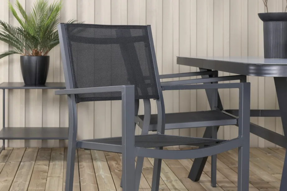 Ristkülikukujuline terrassi söögikomplekt Virya koos Copacabana virnastatavate toolidega (must alumiinium, matt klaas), GR21518 – 8