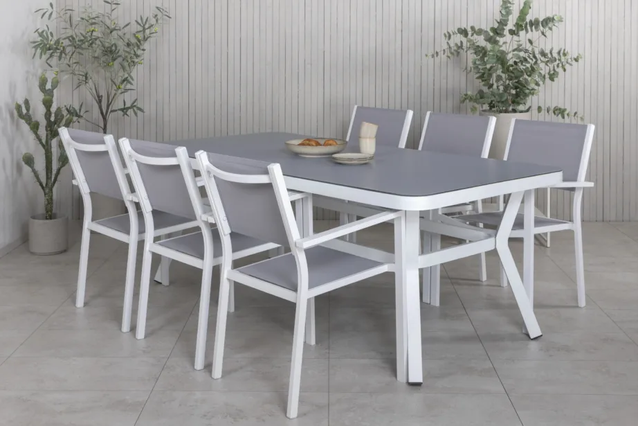 Virya ristkülikukujuline valge aiamööblikomplekt halli mattklaasiga ja Copacabana toolidega, GR21537 – 6