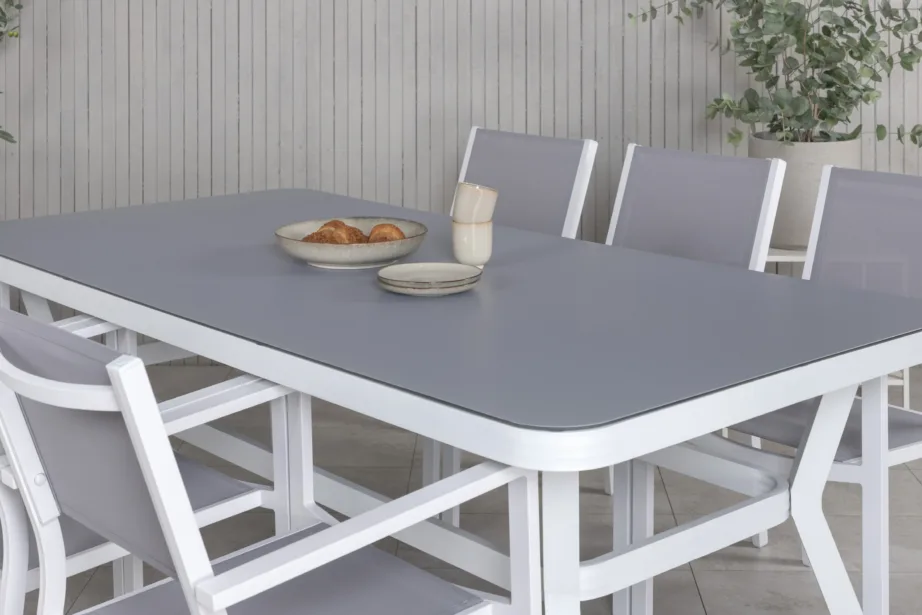Virya ristkülikukujuline valge aiamööblikomplekt halli mattklaasiga ja Copacabana toolidega, GR21537 – 8