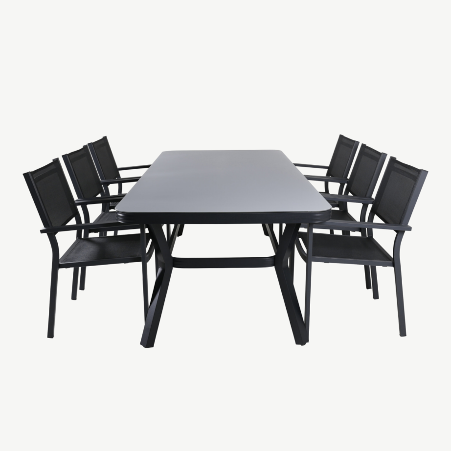 Ristkülikukujuline aiamööbli komplekt Virya (mattklaasist lauaplaat, must alumiinium, 6 virnastatavat tooli), GR21551 – 2