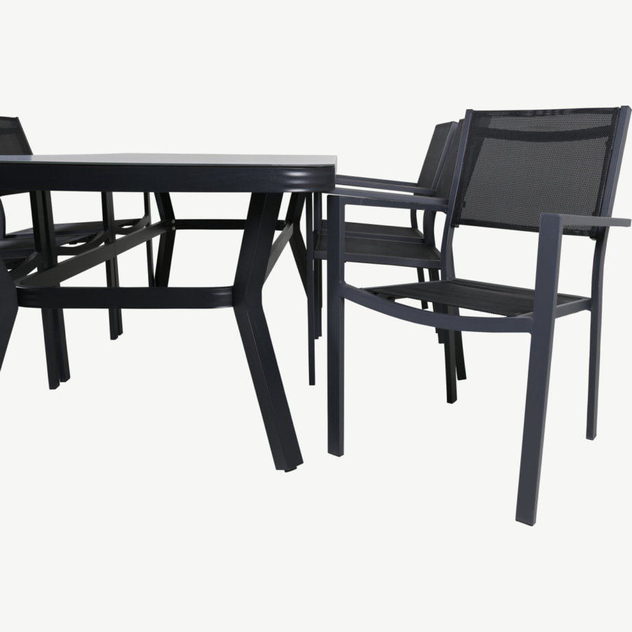 Ristkülikukujuline aiamööbli komplekt Virya (mattklaasist lauaplaat, must alumiinium, 6 virnastatavat tooli), GR21551 – 3