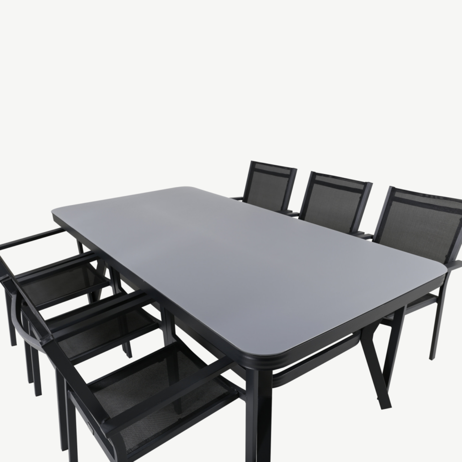 Ristkülikukujuline aiamööbli komplekt Virya (mattklaasist lauaplaat, must alumiinium, 6 virnastatavat tooli), GR21551 – 4