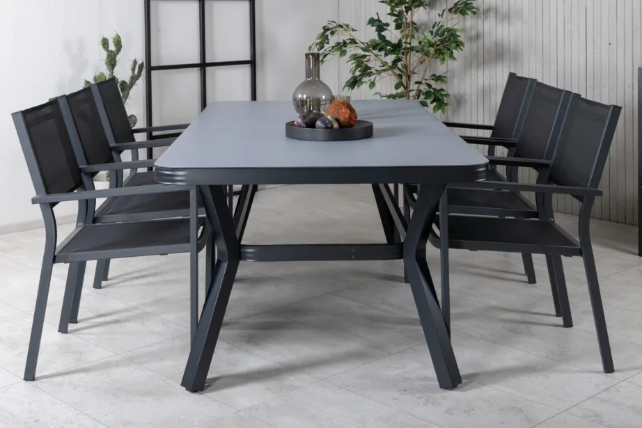 Ristkülikukujuline aiamööbli komplekt Virya (mattklaasist lauaplaat, must alumiinium, 6 virnastatavat tooli), GR21551 – 5