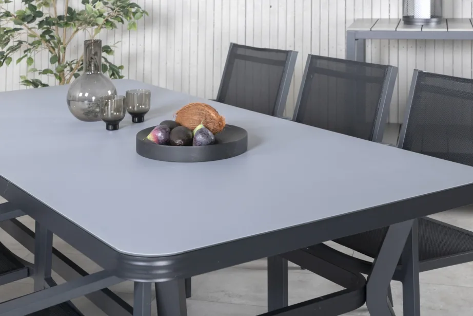 Ristkülikukujuline aiamööbli komplekt Virya (mattklaasist lauaplaat, must alumiinium, 6 virnastatavat tooli), GR21551 – 7