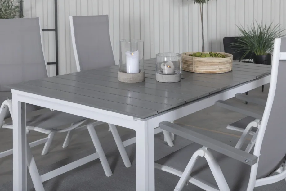 Valge-hall pikendatav ristkülikukujuline aiasöögikomplekt Levels ja reguleeritavad kokkupandavad toolid Albany, GR21689 – 8