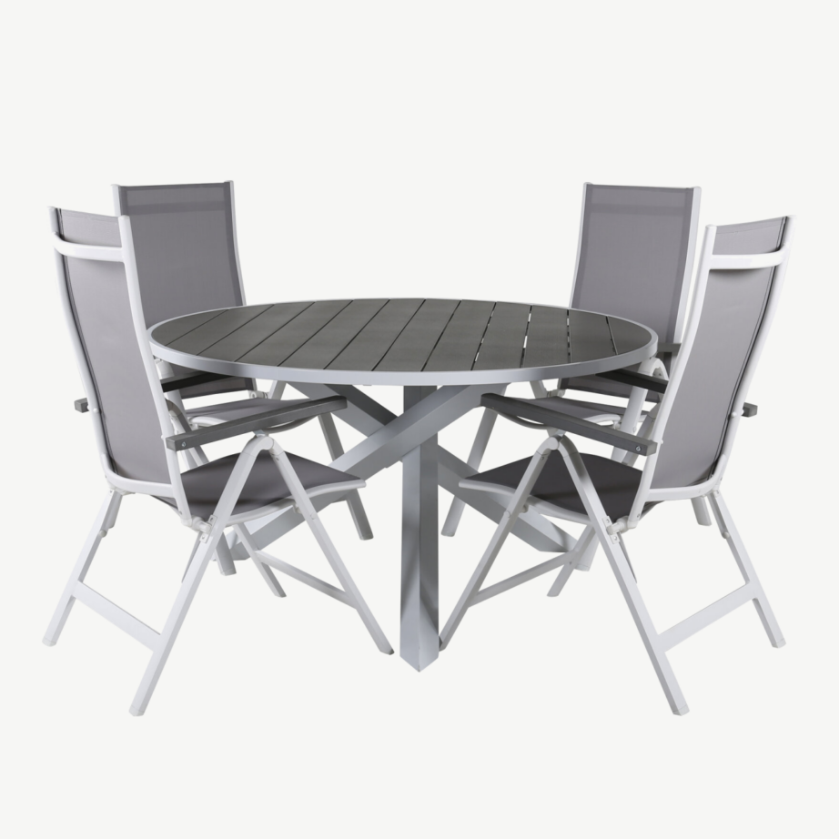 Parma ümmargune aiamööblikomplekt – valge alumiiniumraam, hall puitplastkomposiit, reguleeritavad toolid, GR21709 – 2